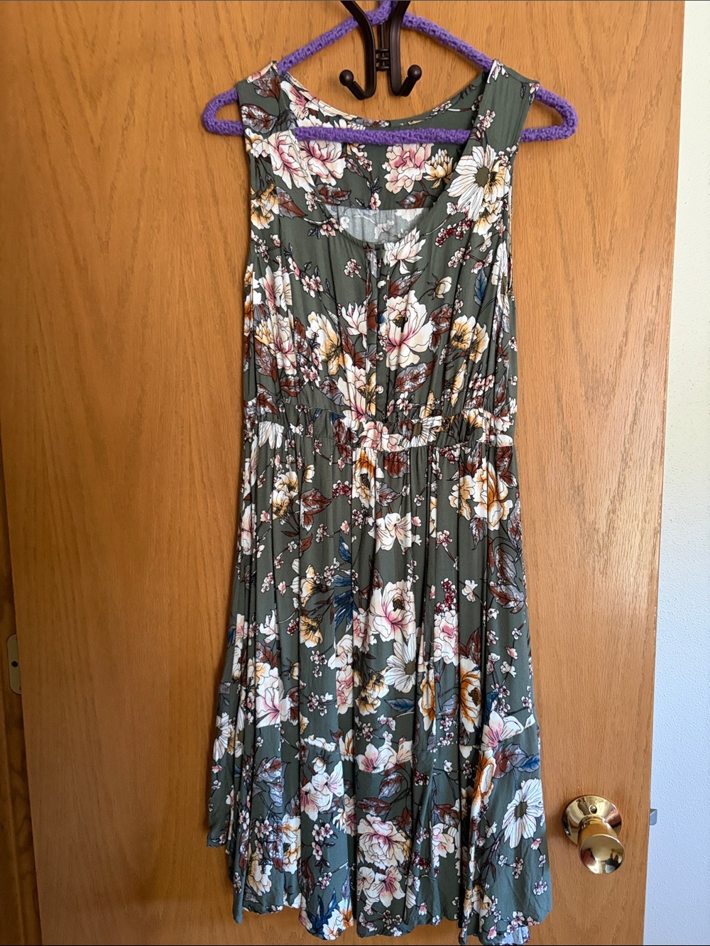 Floral Sleeveless A-Line Dress in Olive Green